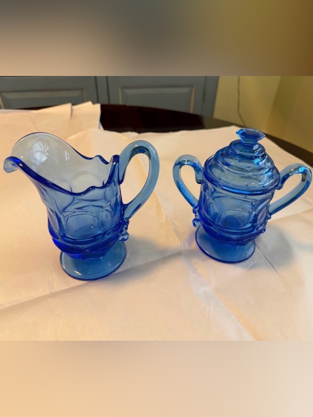 Fostoria Blue Argus Creamer and Covered Sugar Set